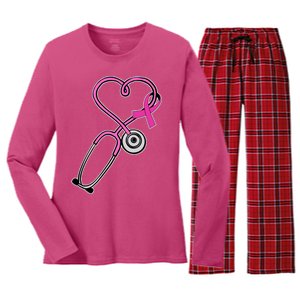 Stethoscope Breast Cancer Awareness Ribbon Women's Long Sleeve Flannel Pajama Set 