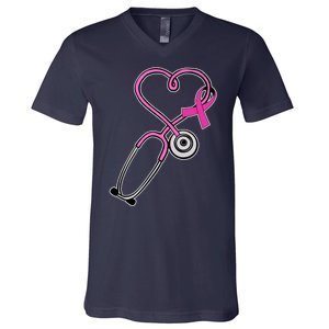 Stethoscope Breast Cancer Awareness Ribbon V-Neck T-Shirt