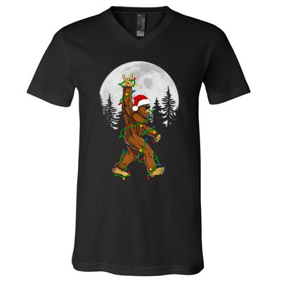 Santa Bigfoot Christmas Sasquatch Rock Roll Believe Pajamas  V-Neck T-Shirt