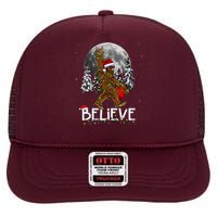 Santa Bigfoot Christmas Lights Funny Sasquatch Believe Xmas High Crown Mesh Back Trucker Hat