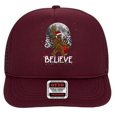 Santa Bigfoot Christmas Lights Funny Sasquatch Believe Xmas High Crown Mesh Back Trucker Hat