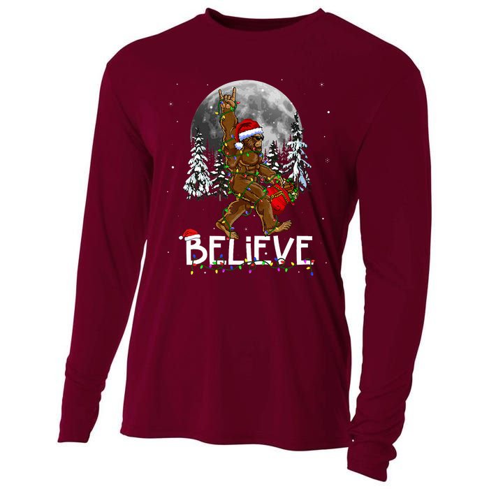 Santa Bigfoot Christmas Lights Funny Sasquatch Believe Xmas Cooling Performance Long Sleeve Crew