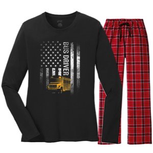 School Bus Driver Usa American Flag Funny Bus Driver Gift Women's Long Sleeve Flannel Pajama Set 