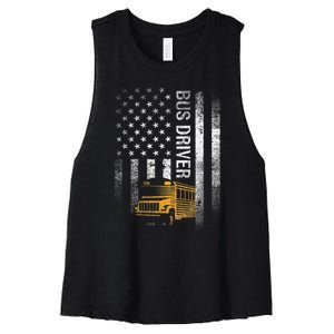 School Bus Driver Usa American Flag Funny Bus Driver Gift Women's Racerback Cropped Tank