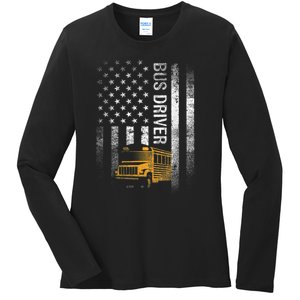 School Bus Driver Usa American Flag Funny Bus Driver Gift Ladies Long Sleeve Shirt