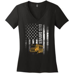 School Bus Driver Usa American Flag Funny Bus Driver Gift Women's V-Neck T-Shirt