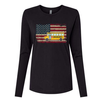 School Bus Driver American Flag USA Driving School Bus Womens Cotton Relaxed Long Sleeve T-Shirt