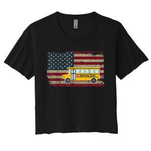 School Bus Driver American Flag USA Driving School Bus Women's Crop Top Tee