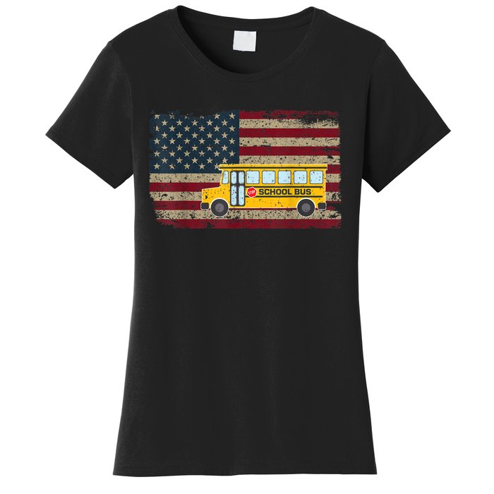 School Bus Driver American Flag USA Driving School Bus Women's T-Shirt