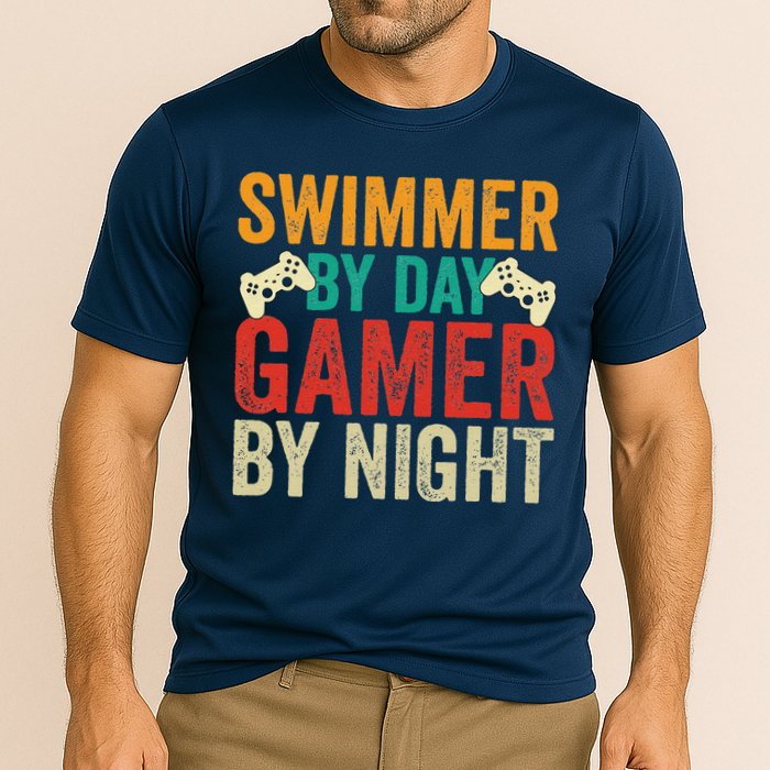 Swimmer By Day Gamer By Night Swimming Funny Cooling Performance Crew T-Shirt