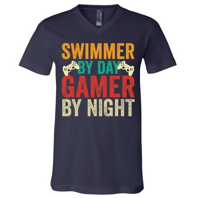 Swimmer By Day Gamer By Night Swimming Funny V-Neck T-Shirt
