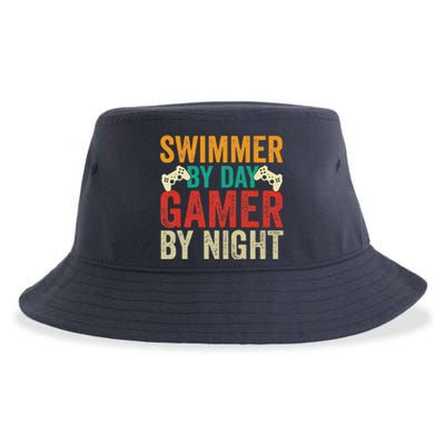 Swimmer By Day Gamer By Night Swimming Funny Sustainable Bucket Hat