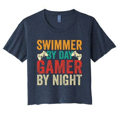 Swimmer By Day Gamer By Night Swimming Funny Women's Crop Top Tee