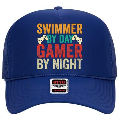 Swimmer By Day Gamer By Night Swimming Funny High Crown Mesh Back Trucker Hat