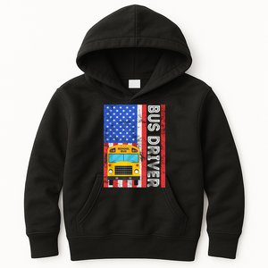 School Bus Driver American Flag USA Driving School Bus Kids Hoodie