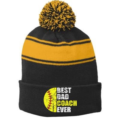 Softball Best Dad Coach Ever Retro Father Softball Coach Dad Stripe Pom Pom Beanie