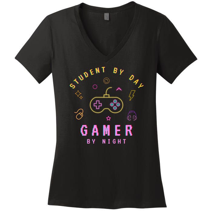 Student By Day Gamer By Night Women's V-Neck T-Shirt