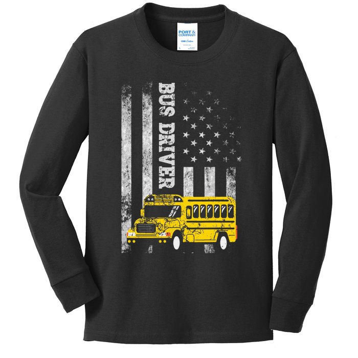 School Bus Driver American Flag For School Bus Driver Kids Long Sleeve Shirt