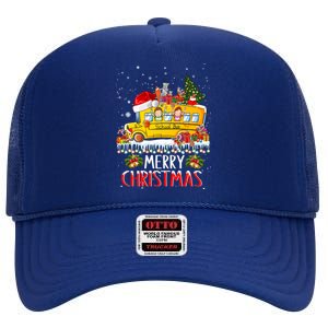 School Bus Driver Merry Christmas Pajamas Lights Xmas Ugly Gift High Crown Mesh Back Trucker Hat