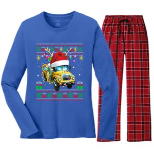 School Bus Driver Reindeer Santa Hat Ugly Sweater Christmas Gift Women's Long Sleeve Flannel Pajama Set 