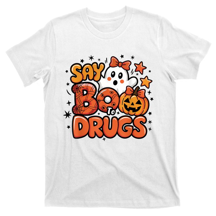 Say Boo Drugfree Ghost Halloween Red Ribbon Week Awareness T-Shirt