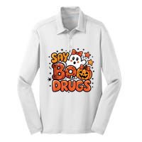 Say Boo Drugfree Ghost Halloween Red Ribbon Week Awareness Silk Touch Performance Long Sleeve Polo