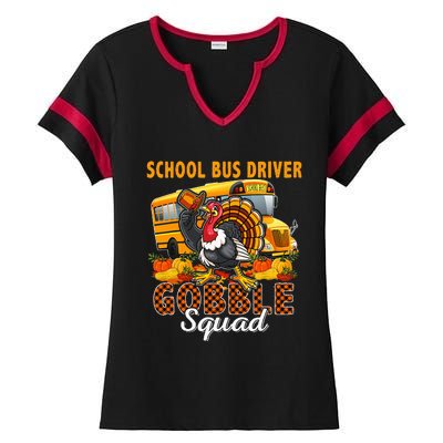 School Bus Driver Gobble Squad Thanksgiving Plaid Turkey Ladies Halftime Notch Neck Tee