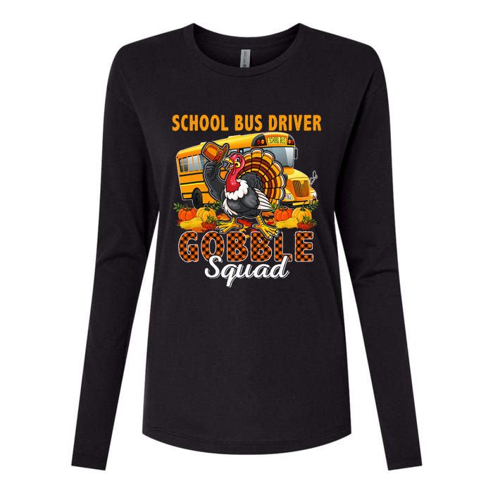 School Bus Driver Gobble Squad Thanksgiving Plaid Turkey Womens Cotton Relaxed Long Sleeve T-Shirt