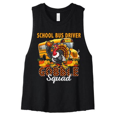 School Bus Driver Gobble Squad Thanksgiving Plaid Turkey Women's Racerback Cropped Tank