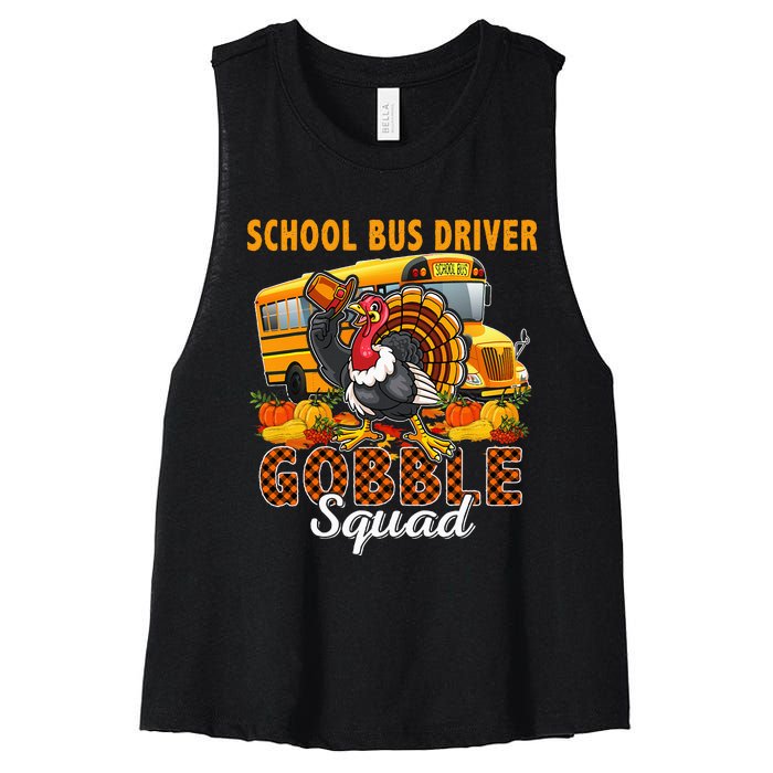 School Bus Driver Gobble Squad Thanksgiving Plaid Turkey Women's Racerback Cropped Tank