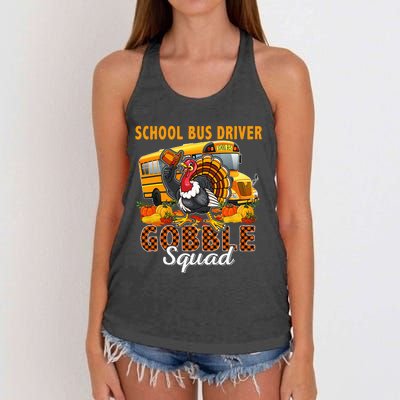 School Bus Driver Gobble Squad Thanksgiving Plaid Turkey Women's Knotted Racerback Tank