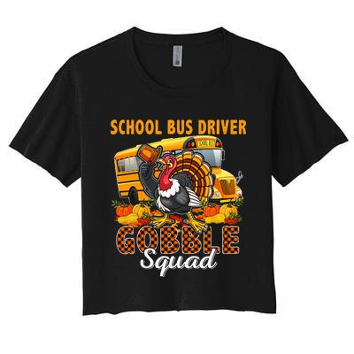 School Bus Driver Gobble Squad Thanksgiving Plaid Turkey Women's Crop Top Tee