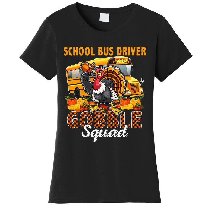 School Bus Driver Gobble Squad Thanksgiving Plaid Turkey Women's T-Shirt