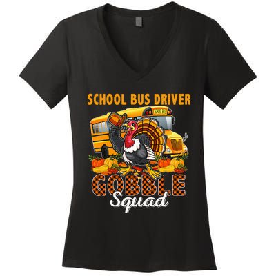 School Bus Driver Gobble Squad Thanksgiving Plaid Turkey Women's V-Neck T-Shirt