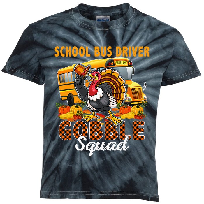 School Bus Driver Gobble Squad Thanksgiving Plaid Turkey Kids Tie-Dye T-Shirt