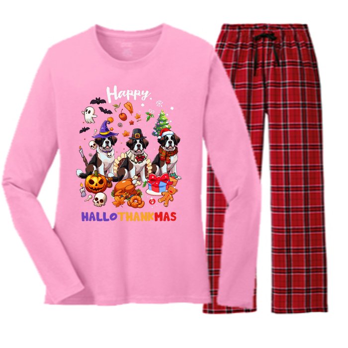 Saint Bernard Dog Christmas Thanksgiving Happy Hallothankmas Women's Long Sleeve Flannel Pajama Set 