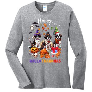 Saint Bernard Dog Christmas Thanksgiving Happy Hallothankmas Ladies Long Sleeve Shirt