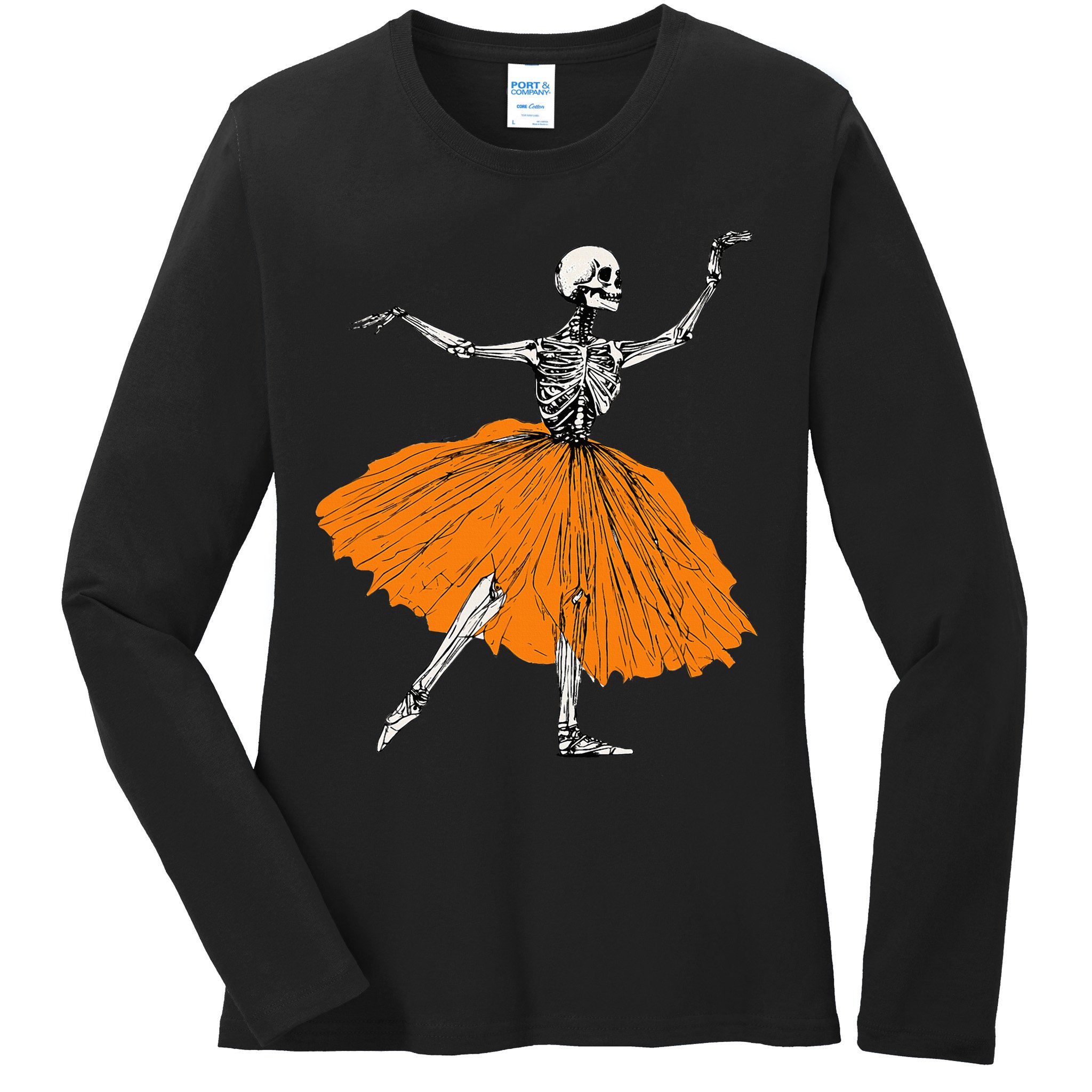 Skeleton Ballerina Dance Tutu Spooky Ballet Dancer Halloween Ladies Long Sleeve Shirt