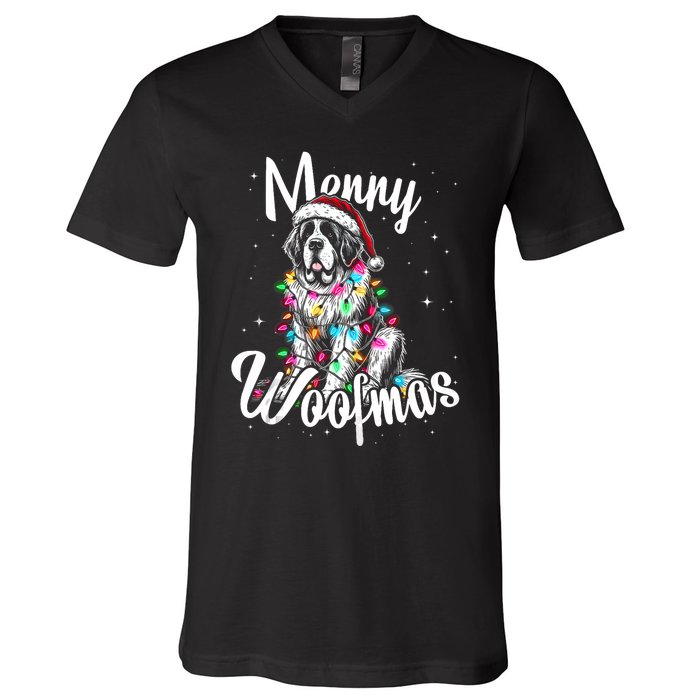 Saint Bernard Dog Merry Woofmas Christmas Lights Santa Hat Tank Top V-Neck T-Shirt