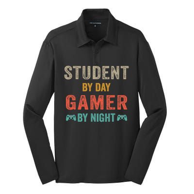 Student By Day Gamer By Night Meme For Gamers Silk Touch Performance Long Sleeve Polo