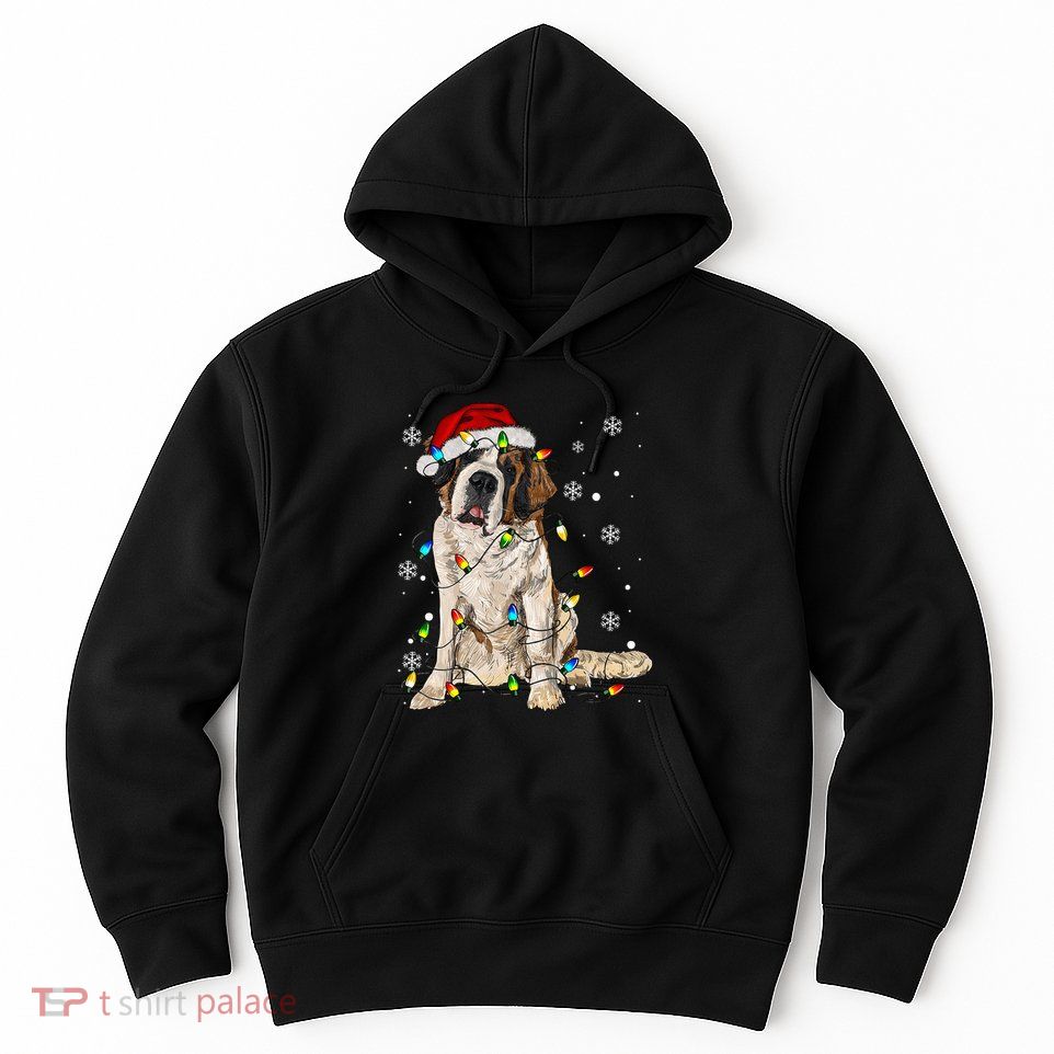 Saint Bernard Dog Santa Christmas Tree Lights Pajama Xmas Hoodie