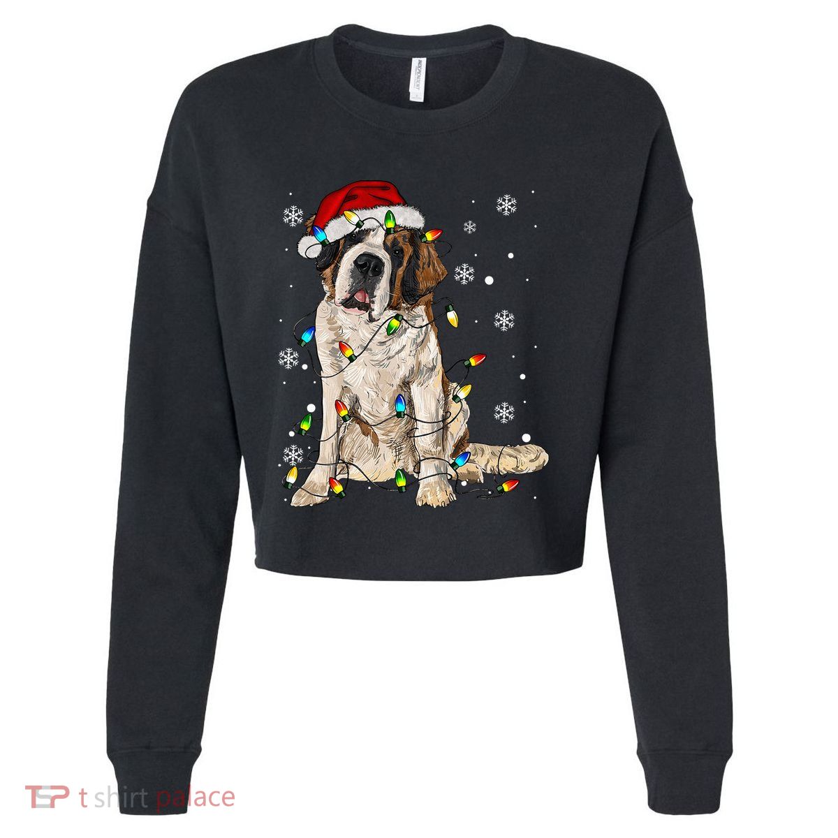 Saint Bernard Dog Santa Christmas Tree Lights Pajama Xmas Cropped Pullover Crew