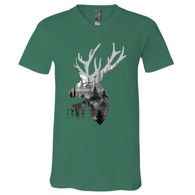 Silhouette Buck Deer Artwork Forest Wildlife Animal Lover V-Neck T-Shirt