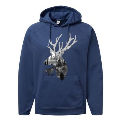 Silhouette Buck Deer Artwork Forest Wildlife Animal Lover Performance Fleece Hoodie