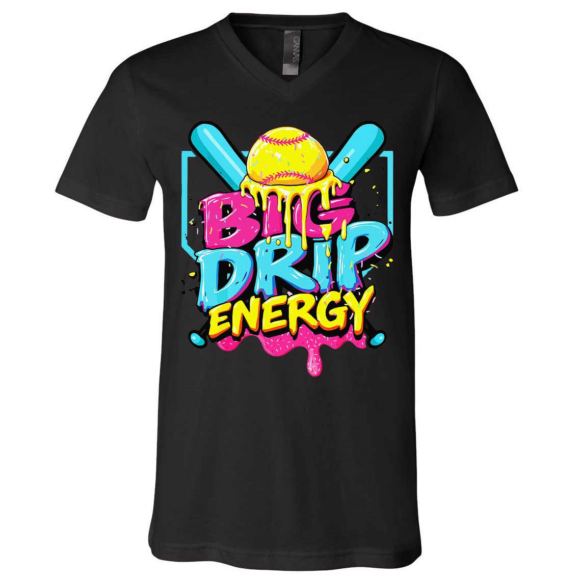 Softball Big Drip Energy Ice Cream Dripping Softball V-Neck T-Shirt