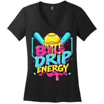 Softball Big Drip Energy Ice Cream Dripping Softball Women's V-Neck T-Shirt