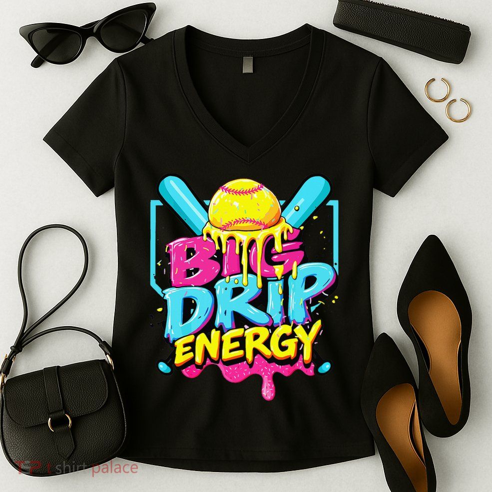Softball Big Drip Energy Ice Cream Dripping Softball Women's V-Neck T-Shirt