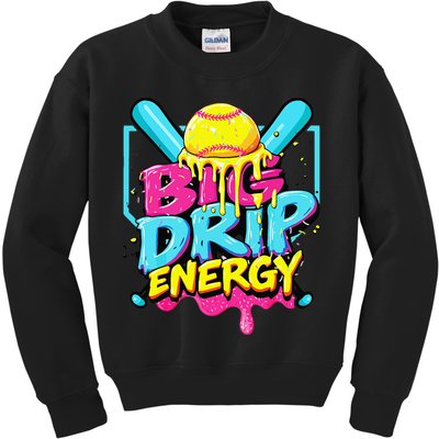 Softball Big Drip Energy Ice Cream Dripping Softball Kids Sweatshirt