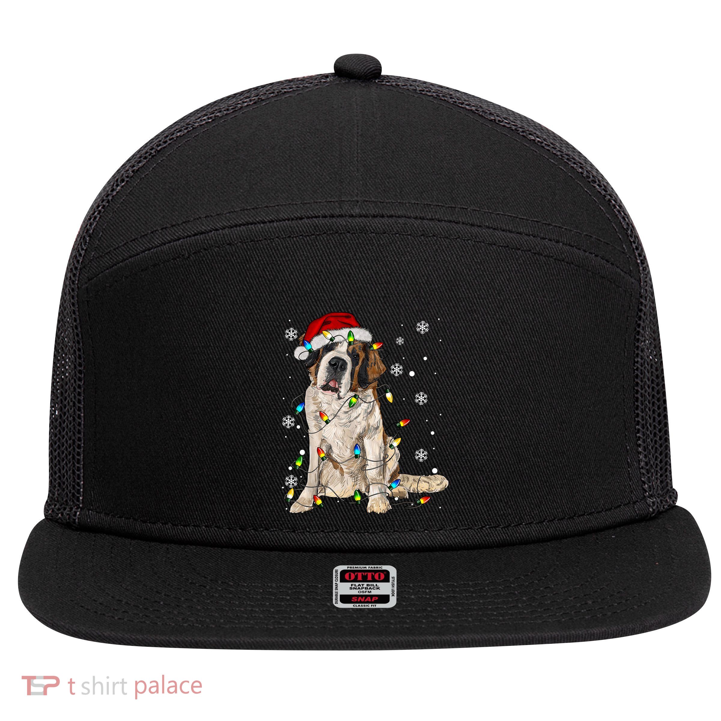 Saint Bernard Dog Santa Christmas Tree Lights Pajama Xmas 7 Panel Mesh Trucker Snapback Hat