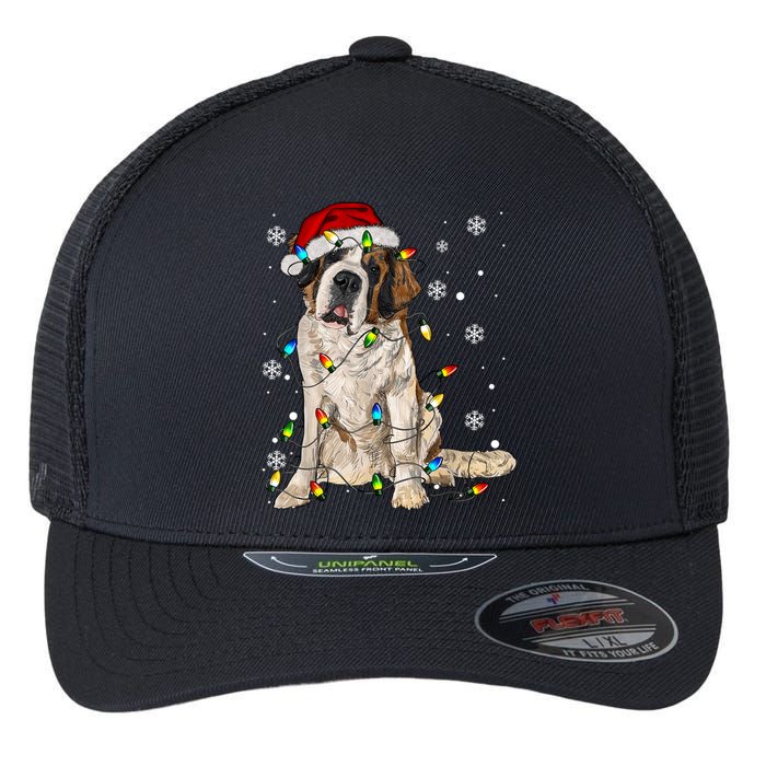 Saint Bernard Dog Santa Christmas Tree Lights Pajama Xmas Flexfit Unipanel Trucker Cap